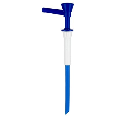 Pump manual azul e branco para líquidos em fundo branco