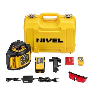 Equipamento de nivelamento a laser preto e amarelo com acessórios e caixa amarela