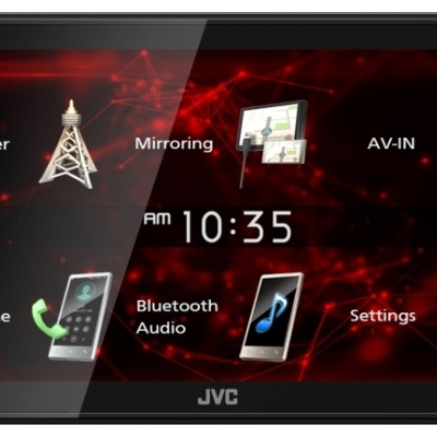 Aparelho áudio automóvel JVC ecrã tátil com várias opções exibidas