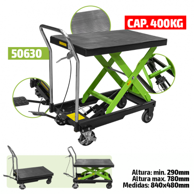 Carrinho elevatório de carga metálico verde e preto com capacidade de 400 kg