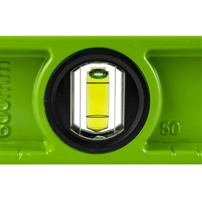 Nível de bolha verde com marcas 500mm e 50 e bolha amarela central