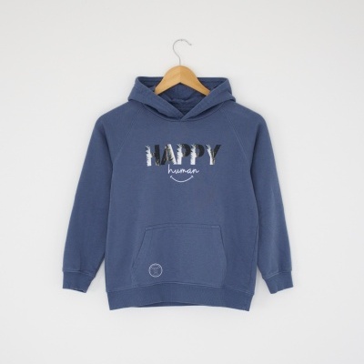 Sweatshirt com capuz "Happy Human" (algodão orgânico) - Azul