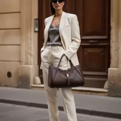 Mulher com fato branco e mala castanha de couro em frente a porta de madeira