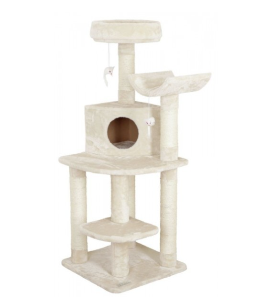 Arranhador para gatos bege com plataformas, casa cubo e brinquedos pendurados