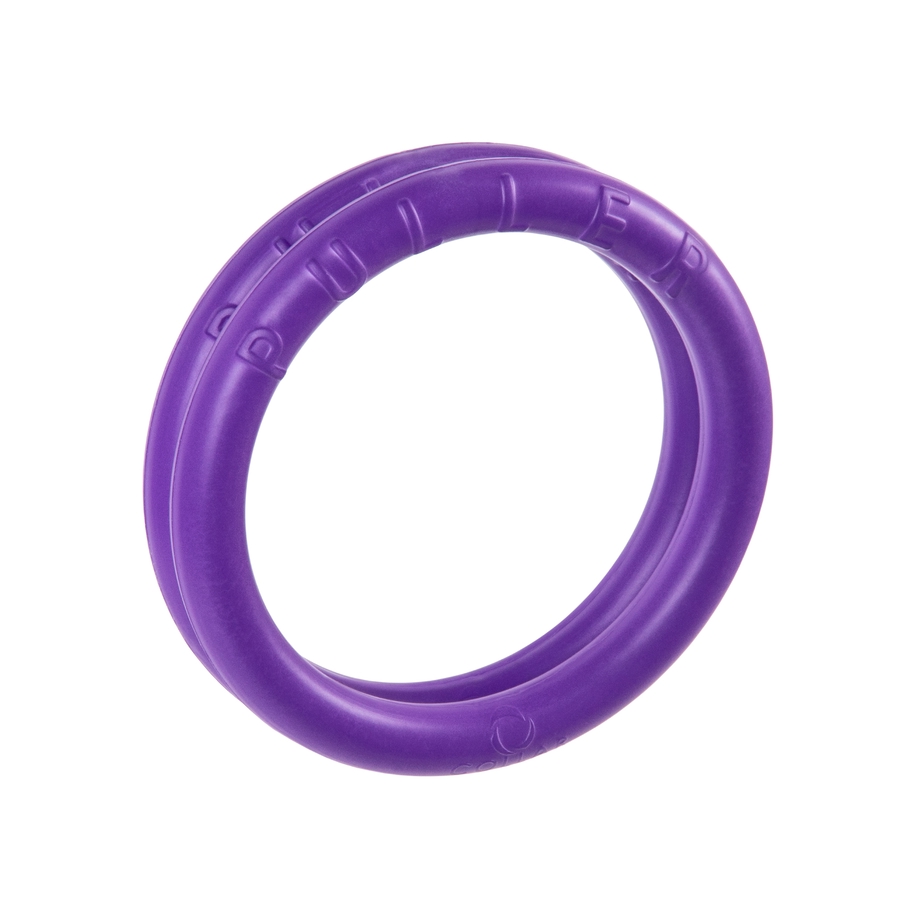 Anel de brinquedo roxo com texto em relevo 'PLUROM'