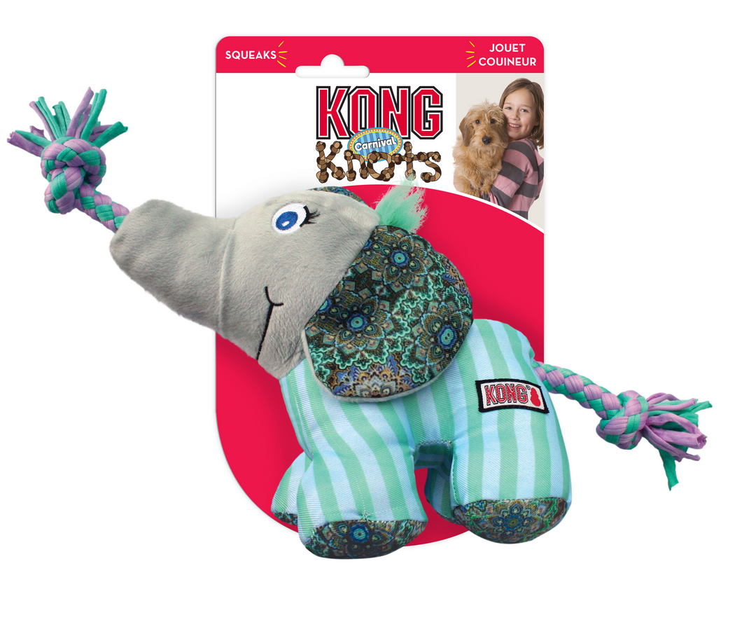 Brinquedo cão elefante verde e azul com cordas, embalagem vermelha KONG