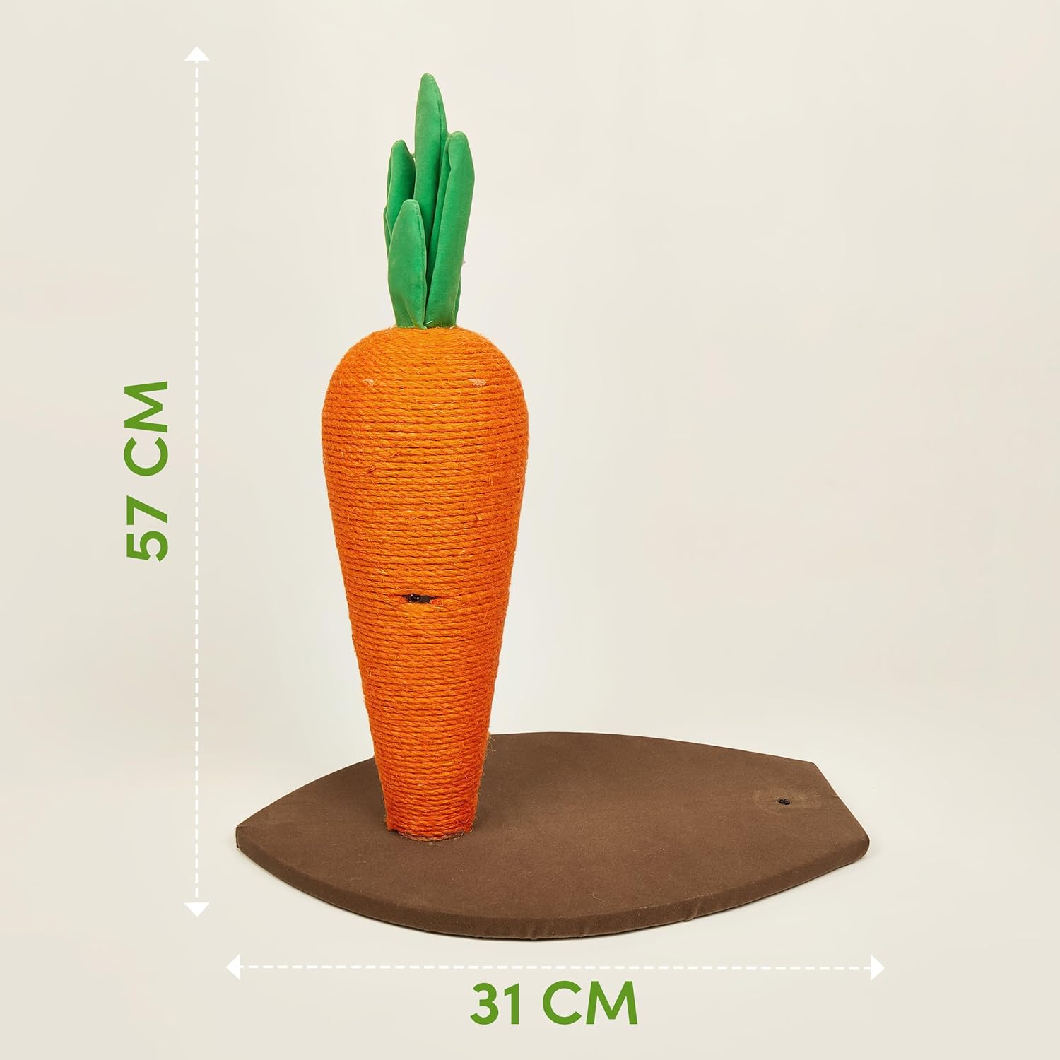 Arranhador para gatos cenoura, laranja com folhas verdes, base marrom