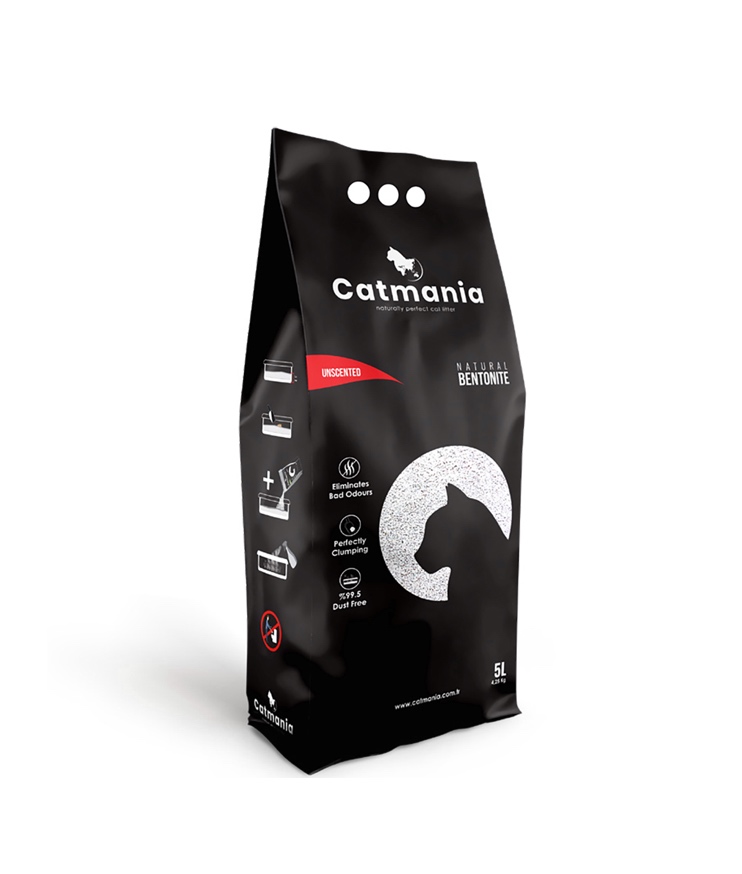 Saco preto de areia para gatos Catmania com texto branco e vermelho e ícones de características