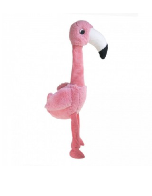 Pelúcia rosa em forma de flamingo com bico branco e preto