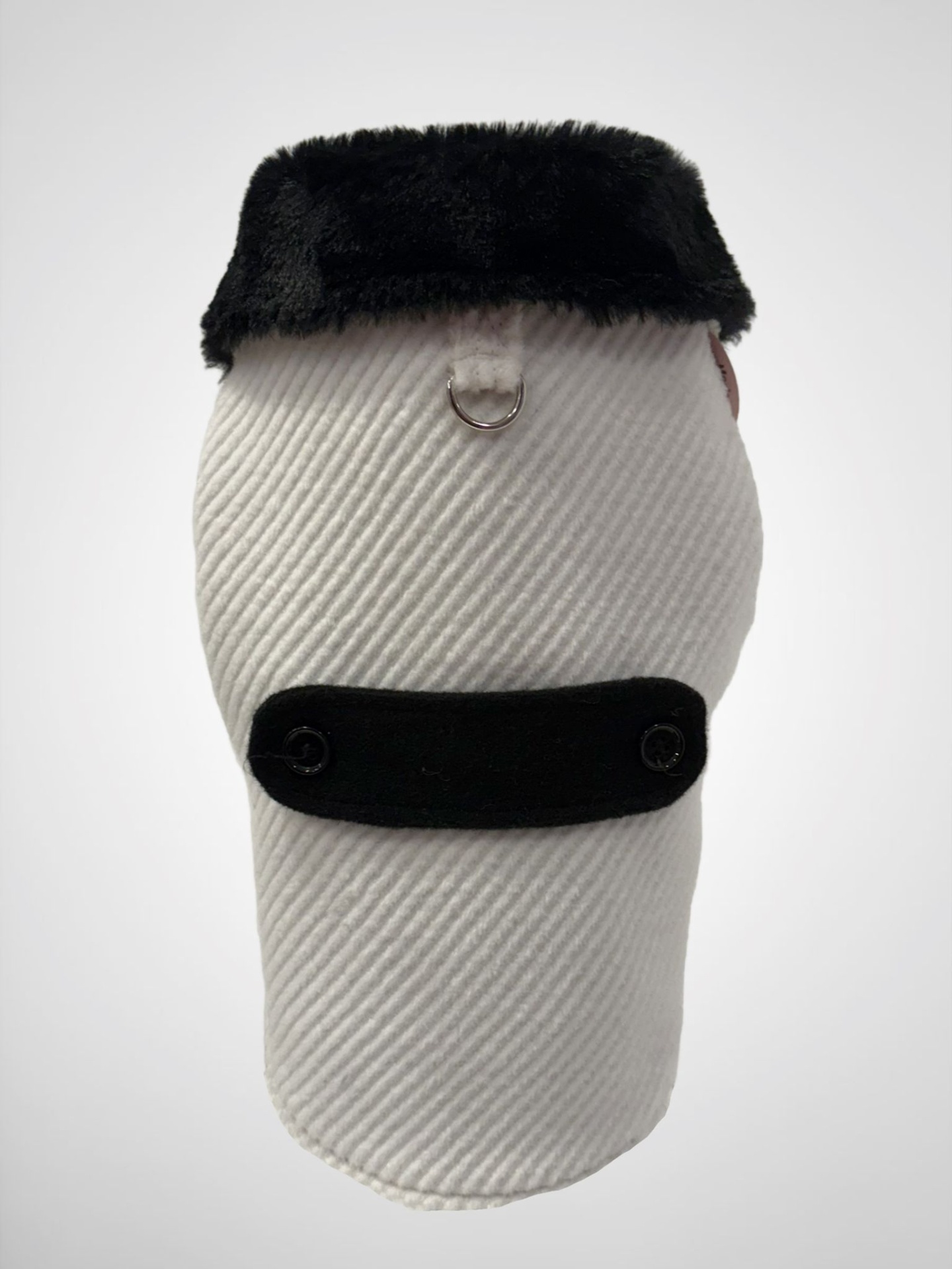 Casaco para cão branco com gola preta e alça preta