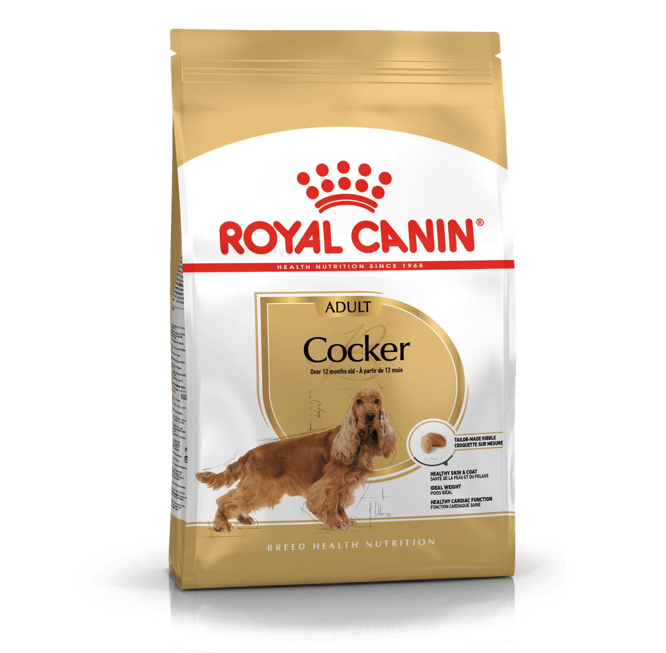 Embalagem de ração Royal Canin Adult Cocker com imagem de cão Cocker Spaniel