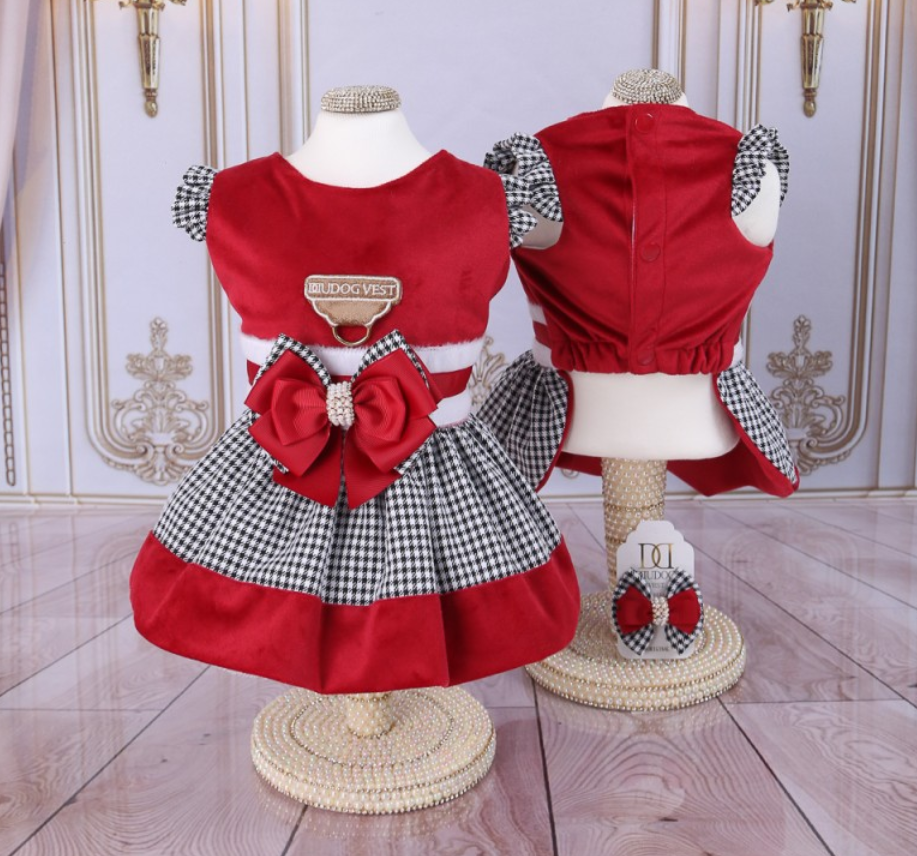 Vestido Pied Poule e veludo vermelho