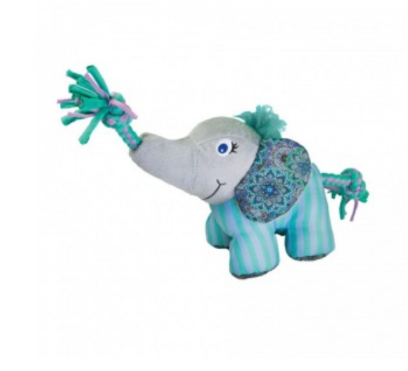 Brinquedo de elefante em tecido azul e verde com cordas trançadas