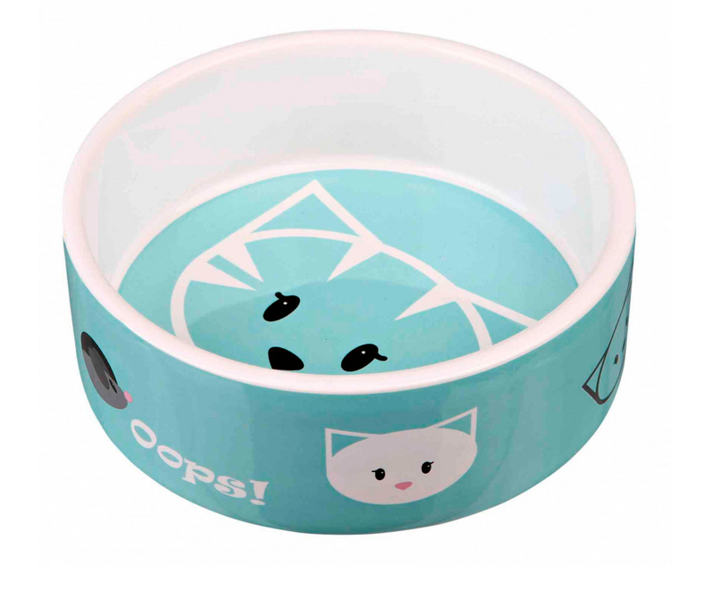 Prato cerâmico azul claro com desenhos de rostos de gatos e texto 'Oops!'