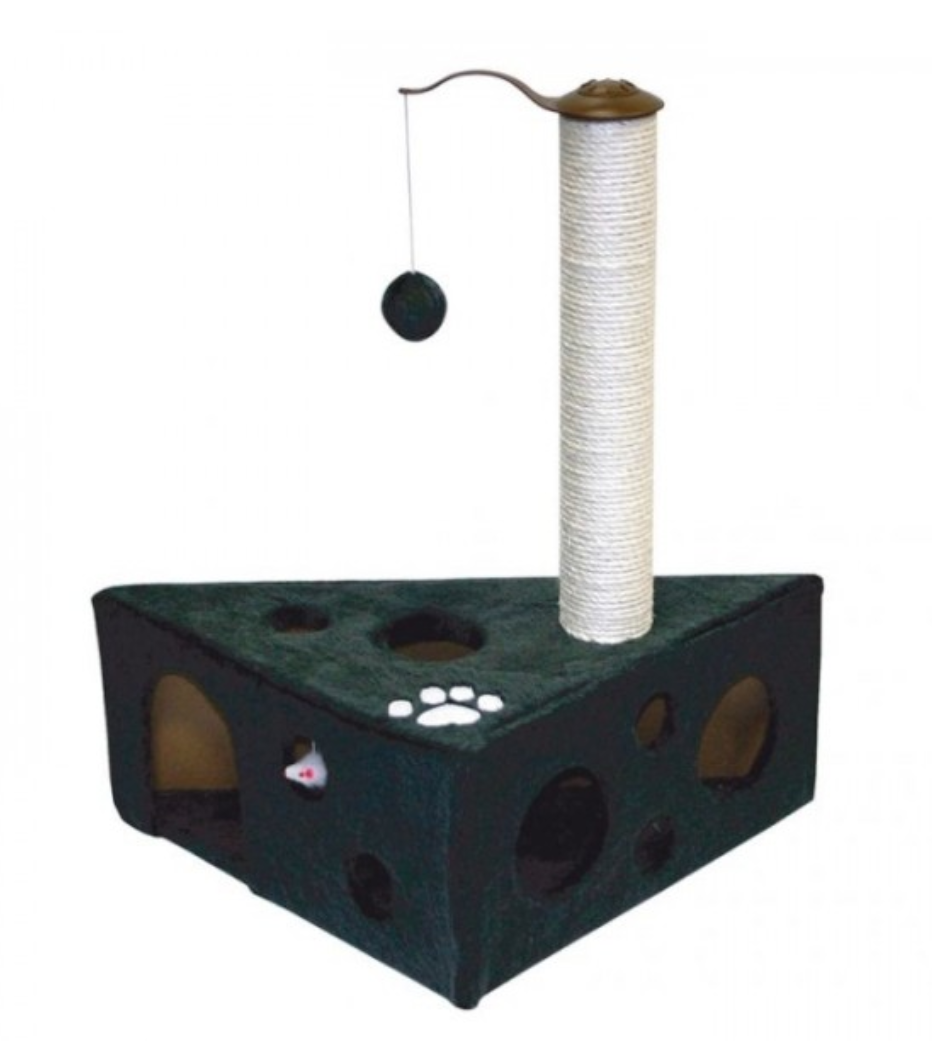 Arranhador para gatos triangular verde com pilar de corda e brinquedo suspenso