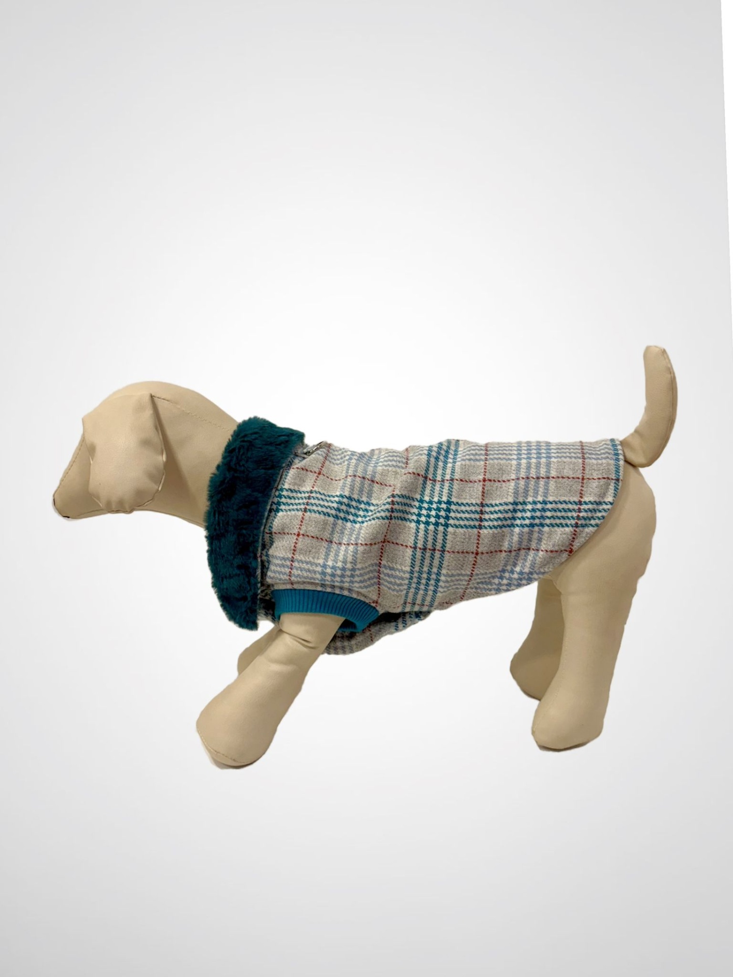 Casaco cinzento às riscas para cão com gola peluda azul escura