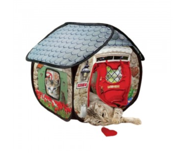 Abrigo para gato em formato de casa com tecto cinza e porta vermelha, gato a dormir na entrada.