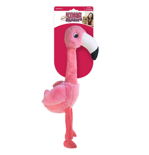 Brinquedo peluche flamingo cor-de-rosa para cães com rótulo KONG Shakers
