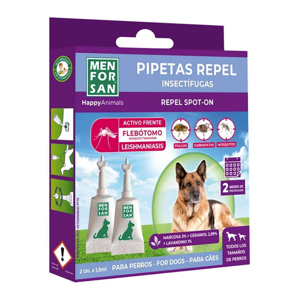 Embalagem de pipetas repelentes para cães com imagens de insetos e cachorro