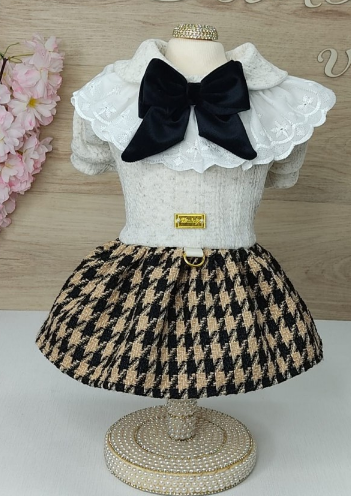 Vesttido Clásssico Pied-de-Poule Preto/Caramelo