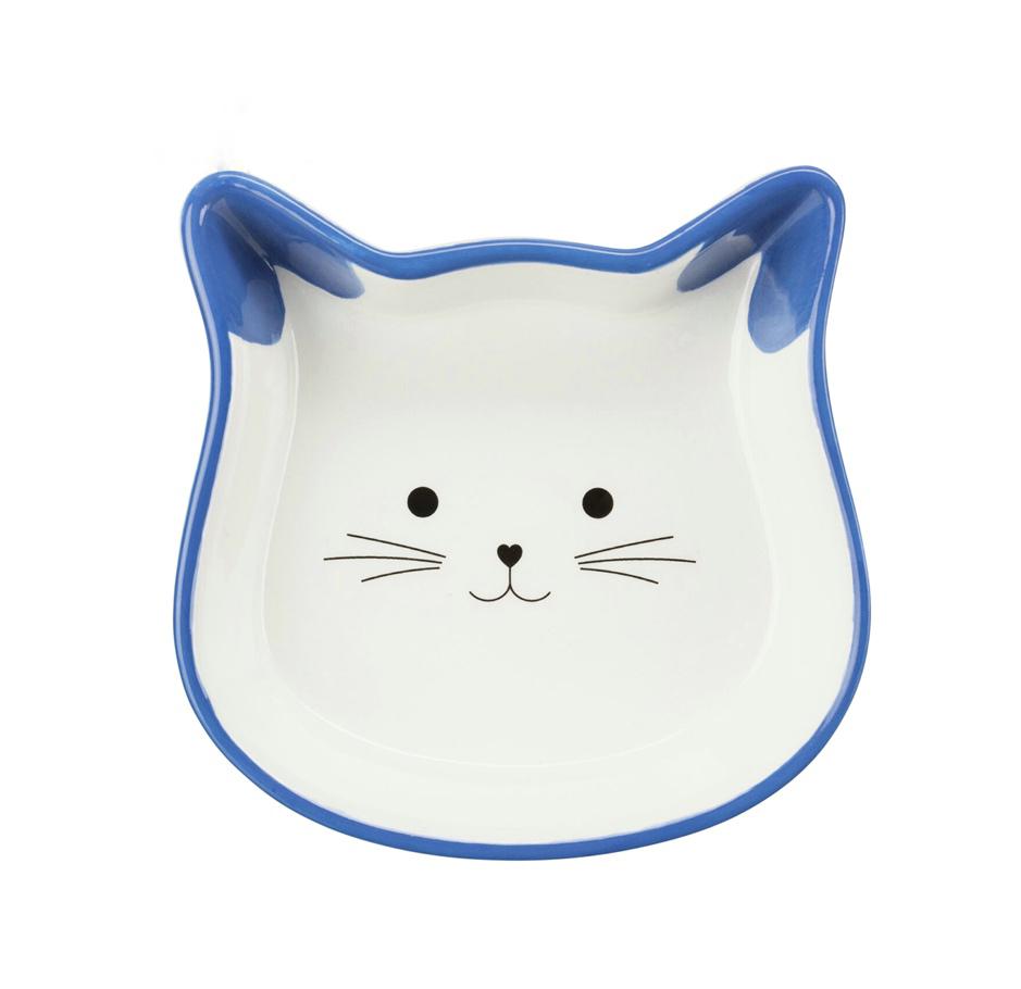 Prato cerâmico branco com borda azul formato cabeça de gato com desenho de rosto