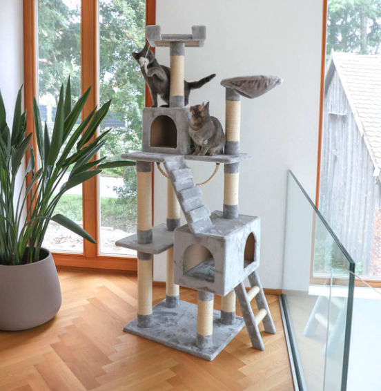 Arranhador cinzento para gatos com postes de corda bege, várias plataformas e escadas, junto a janela e planta numa sala iluminada.
