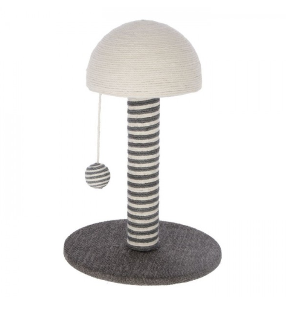 Arranhador para gatos com base cinzenta, coluna listrada e bola pendurada