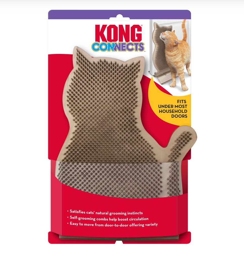 Escova de papelão para gatos KONG CONNECTS em forma de gato, embalagem vermelha e roxa