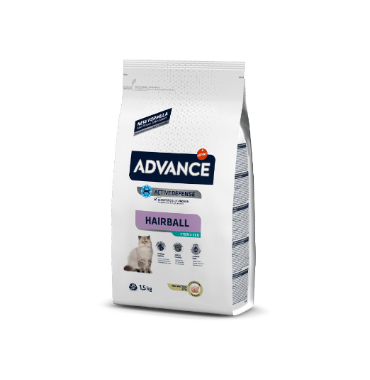 Saco branco de ração para gatos Advance Hairball Veterinária, 1,5 kg, com texto e imagem de gato