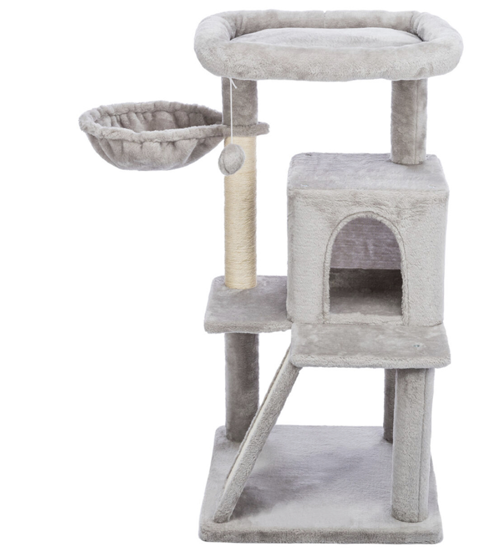 Arranhador para gatos cinza claro com múltiplos níveis e áreas de descanso