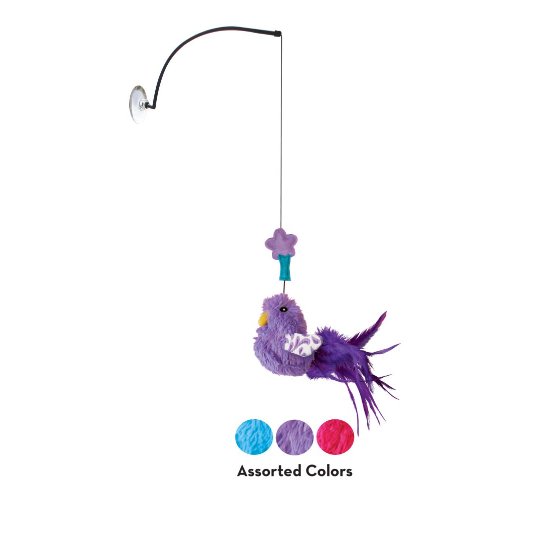 Brinquedo para gato com pássaro de pelúcia roxa suspenso por corda