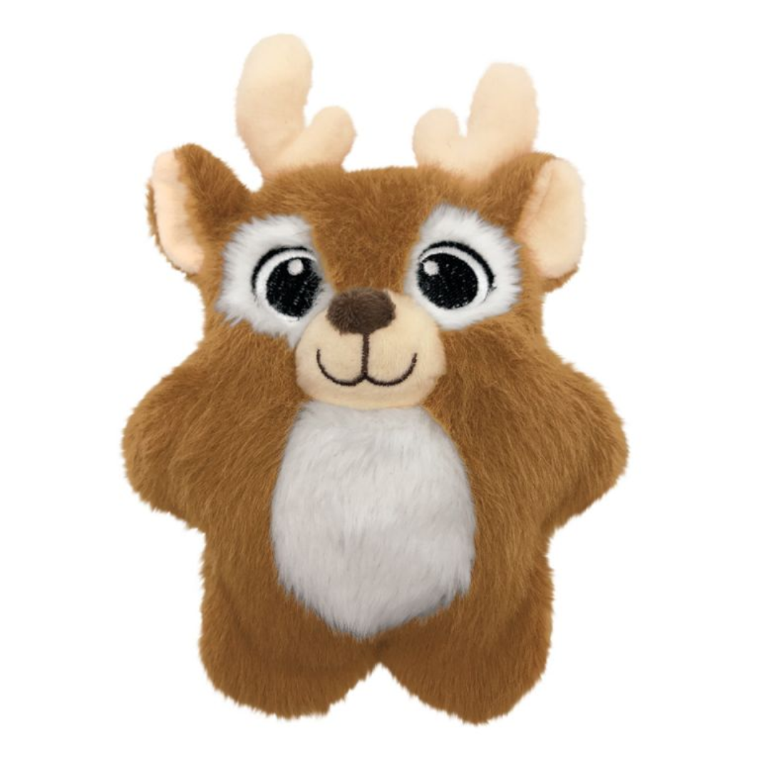 Pelúcia castanha e branca de rena com chifres.