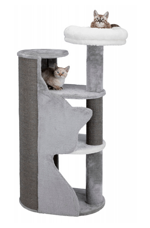 Arranhador cinza para gatos com plataformas e revestimento de pelo sintético e sisal