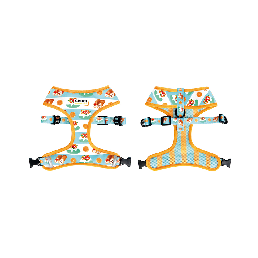 Conjunto de peitorais para cão com padrão colorido e acabamento amarelo.