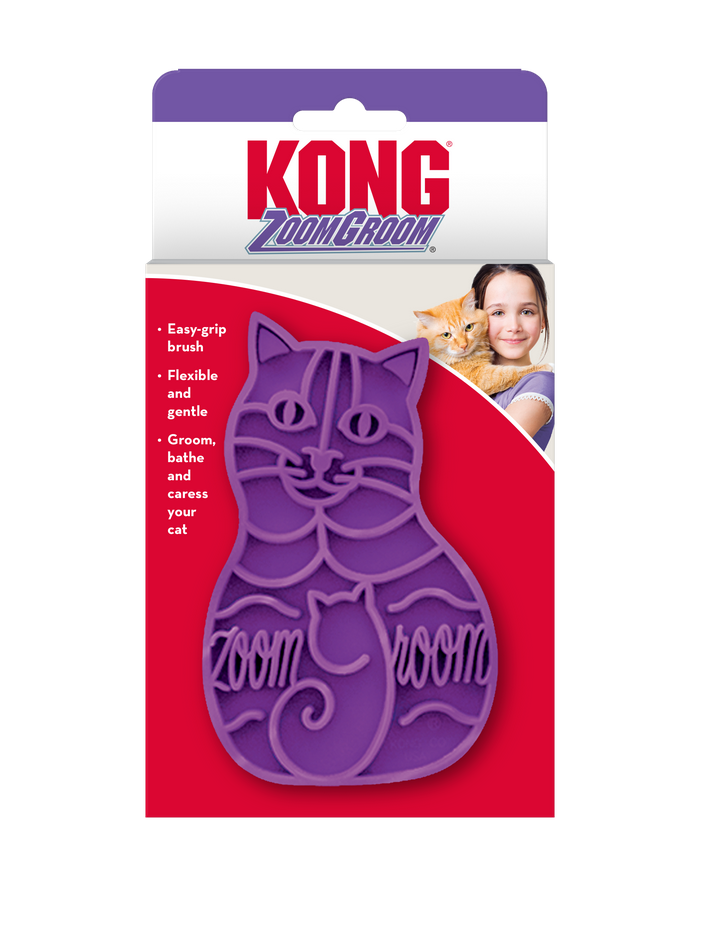 Escova para gatos KONG ZoomGroom roxa em embalagem