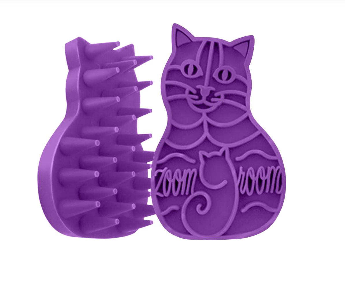 Escova roxa para animais em forma de gato com cerdas flexíveis e detalhes em relevo