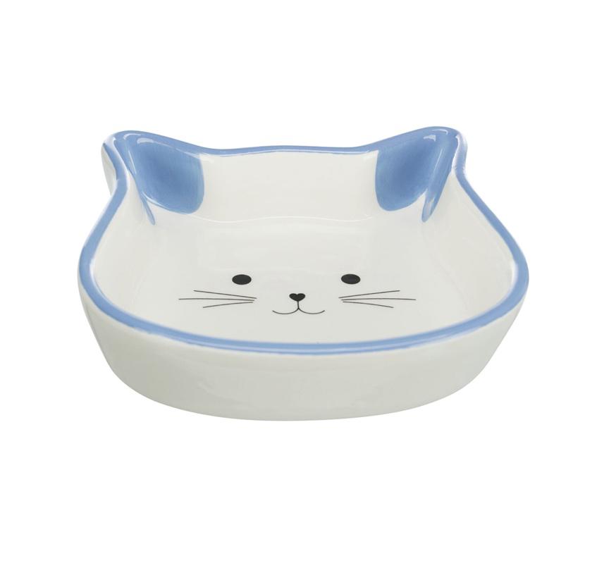 Prato de cerâmica branco com detalhes azuis e rosto de gato desenhado.