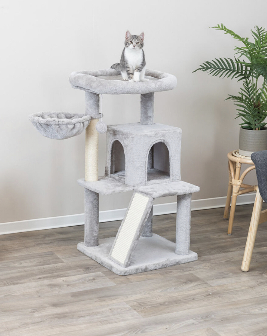 Arranhador cinza para gatos com vários níveis e cama suspensa