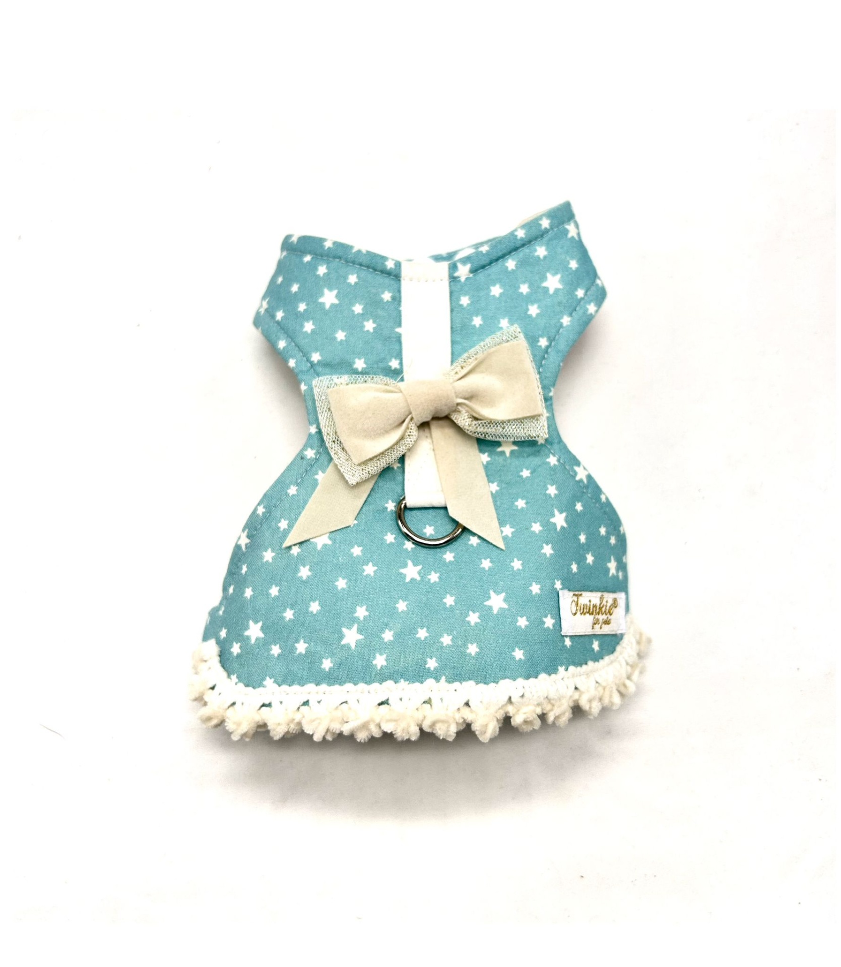 Peitoral azul com estrelas brancas e laço bege