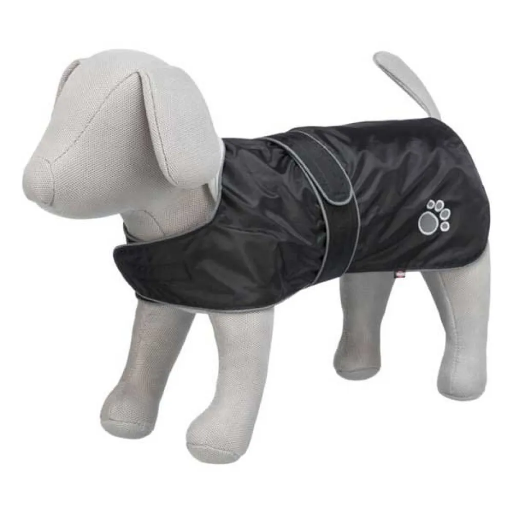 Capa impermeável preta para cão com detalhe de pata cinza