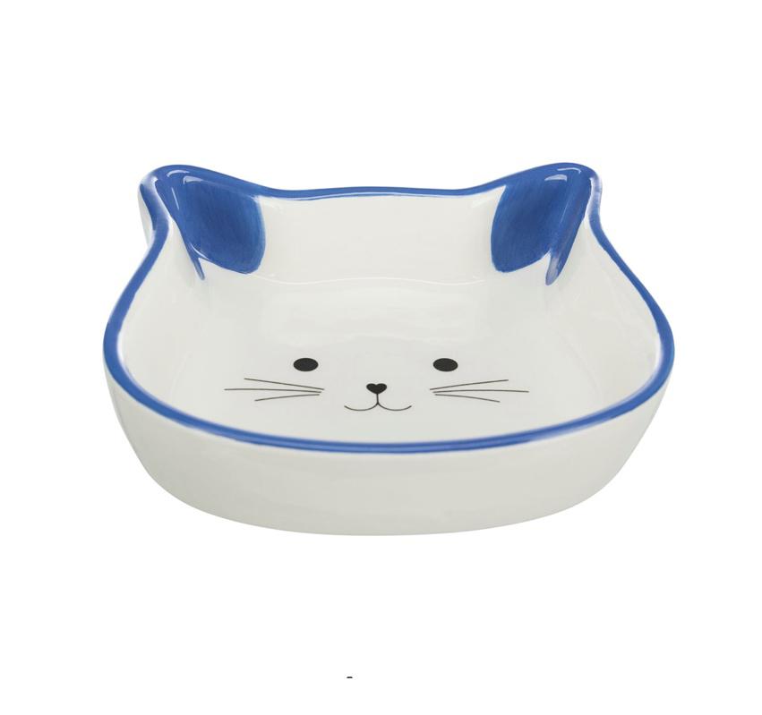 Prato branco em formato de cabeça de gato com detalhes azuis e face desenhada