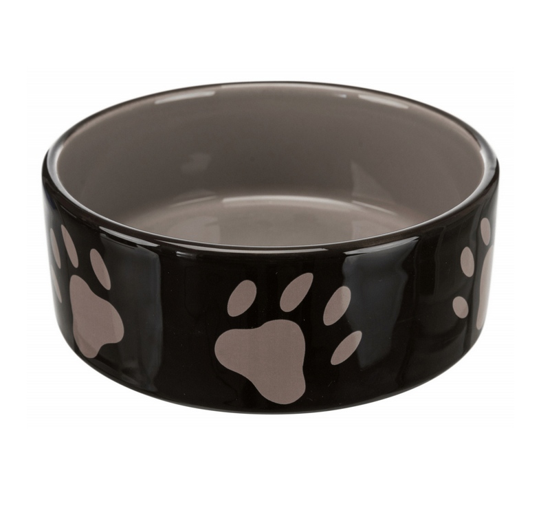 Tigela de cerâmica preta para animais com pegadas cor de rosa