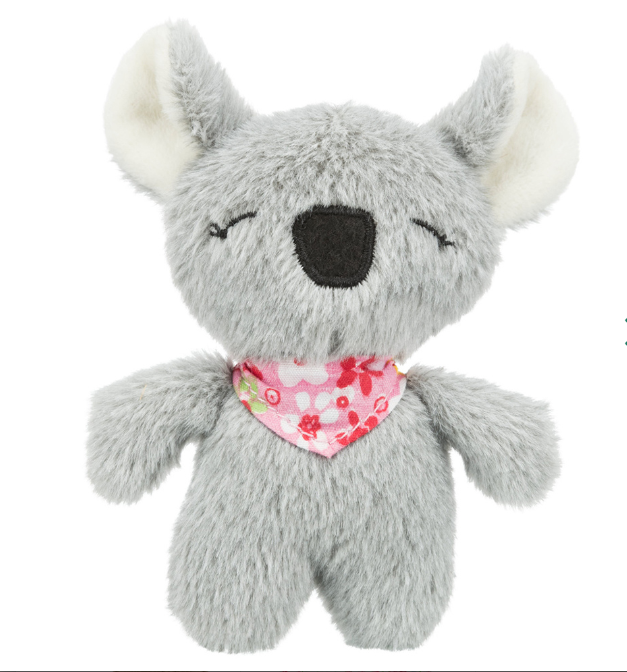 Pelúcia de coala cinzenta com cachecol rosa com padrão floral