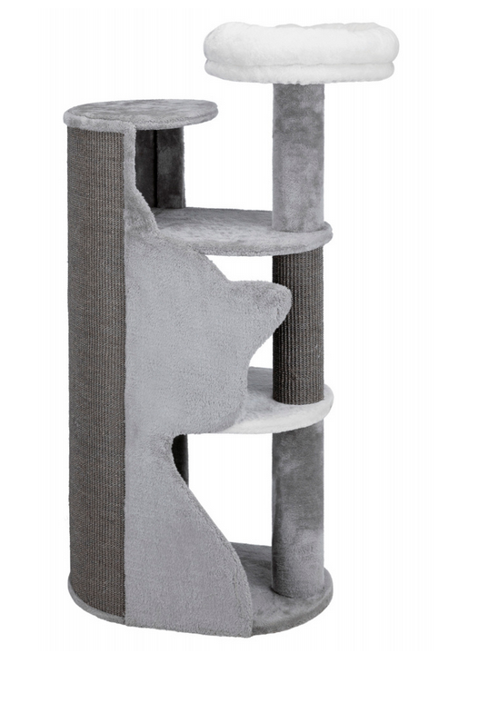 Arranhador para gatos cinza e branco com múltiplos níveis