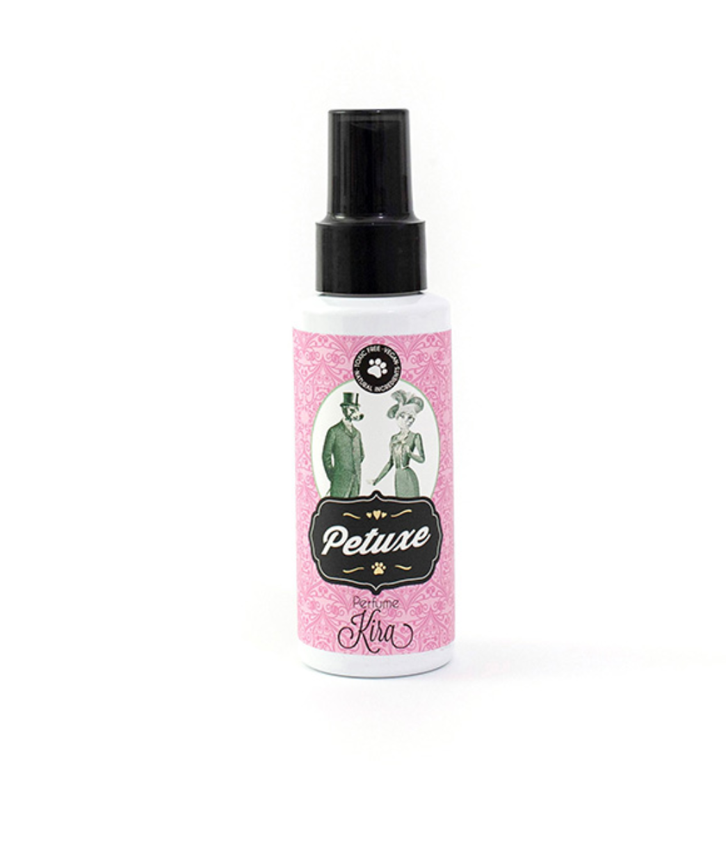 Frasco de spray Petuxe com rótulo rosa e ilustração vintage