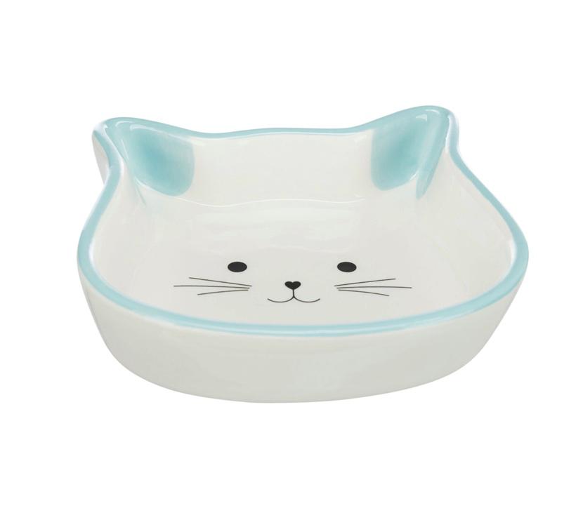 Prato de cerâmica em forma de gato com rosto desenhado e contornos azuis