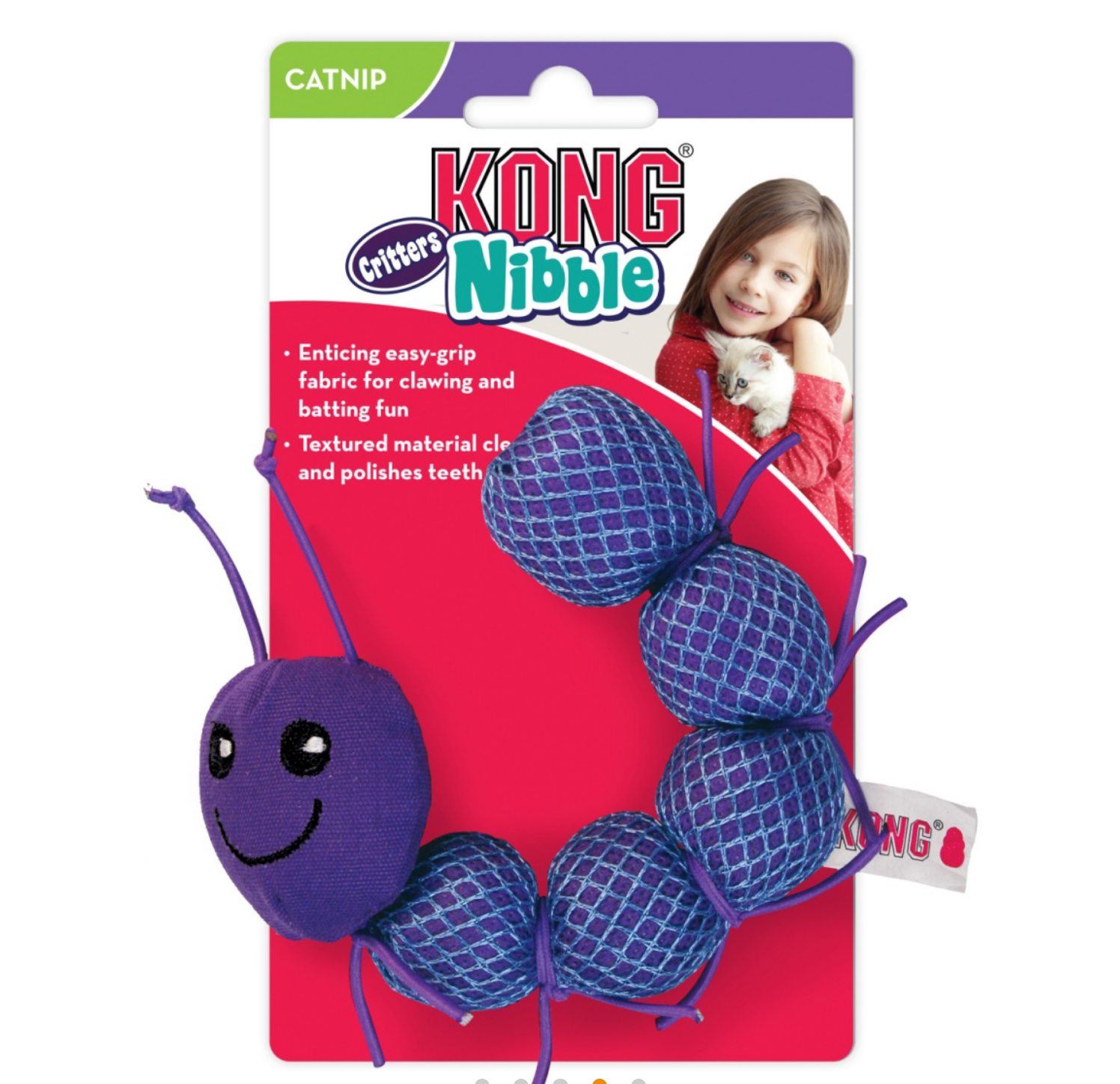 Brinquedo lagarta para gatos KONG Nibble azul e roxo com embalagem colorida