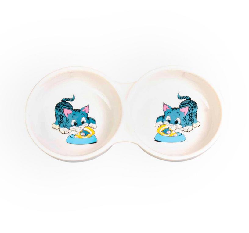 Dupla de taças de cerâmica com desenho de gato brincando