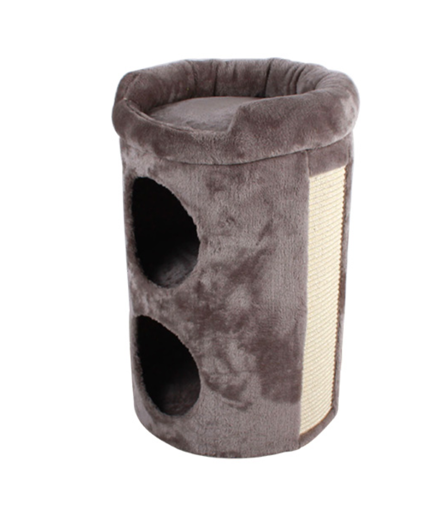 Arranhador cilíndrico castanho para gatos com buracos e superfície para arranhar