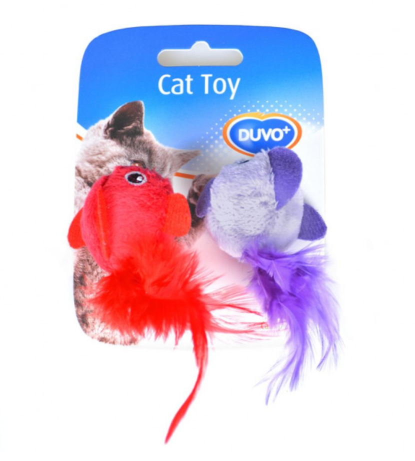 Brinquedo para gato Duvo com dois ratos de peluche coloridos e penas, em cartão azul